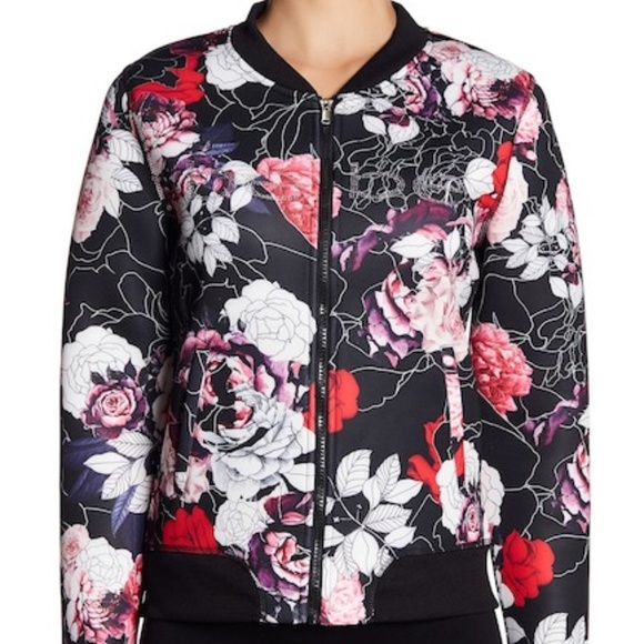 Bebe Floral Scuba Bomber Jacket - BLACK + Rose - Picture 1 of 3